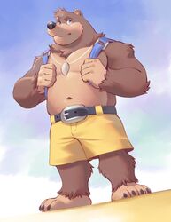  2020 adios anthro backpack banjo-kazooie banjo_(banjo-kazooie) bear belly belt black_nose blue_eyes bottomwear brown_body brown_fur claws clothed clothing countershading full-length_portrait fur head_tuft hi_res jewelry looking_aside male mammal musclegut muscular muscular_anthro muscular_male navel necklace portrait rareware shorts sky slightly_chubby solo standing topless tuft 