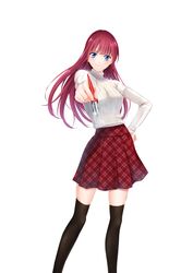  absurdres black_thighhighs blue_eyes closed_mouth female hand_on_own_hip highres hitman_(seo_kouji) holding long_hair long_sleeves looking_at_viewer miniskirt nib_pen_(object) official_art pen plaid plaid_skirt pleated_skirt red_hair red_skirt ribbed_sweater seo_kouji simple_background skirt smile solo standing straight_hair sweater takanashi_tsubasa_(hitman) thighhighs very_long_hair white_background white_sweater zettai_ryouiki 