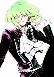  1boy absurdres ascot belt black_gloves black_jacket commentary gloves green_hair half_gloves highres jacket lio_fotia male_focus mogy88428 multiple_belts promare purple_eyes short_hair smile solo symbol-only_commentary 