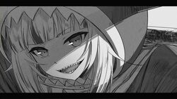  animal_hood bad_id bad_pixiv_id blunt_bangs commentary_request female gawr_gura gawr_gura_(1st_costume) greyscale highres hololive hololive_english hood letterboxed monochrome open_mouth polearm portrait shaded_face shark_hood sharp_teeth smile solo teeth virtual_youtuber weapon weizen 