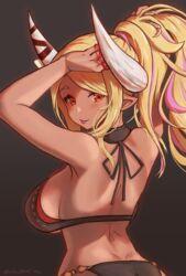  :p adjusting_hair aloneinthedork alternate_hairstyle back bikini blonde_hair breasts dark_skin dimples_of_venus draph female granblue_fantasy halterneck highres horn_ornament horn_ribbon horns kumbhira_(granblue_fantasy) kumbhira_(summer)_(granblue_fantasy) large_breasts layered_bikini looking_back multicolored_hair official_alternate_costume orange_eyes pink_hair pointy_ears ponytail ribbon sideboob smile solo swimsuit tongue tongue_out two-tone_hair 