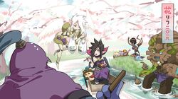  4boys 6+girls :d angel_wings bare_shoulders blue_eyes boat breasts cherry_blossoms chopsticks commentary_request dark-skinned_female dark_skin dress fish_boy fizz_(league_of_legends) flying from_behind fur_trim goggles goggles_on_head hair_over_one_eye hat highres hiyari_(hiyarilol) holding holding_chopsticks jax_(league_of_legends) karma_(league_of_legends) kayle_(league_of_legends) large_breasts league_of_legends lulu_(league_of_legends) lying maokai morgana_(league_of_legends) multiple_boys multiple_girls multiple_wings nail_polish on_back open_mouth outdoors pointy_ears poppy_(league_of_legends) purple_dress purple_nails river seiza siblings sisters sitting smile teemo teeth translation_request tree tristana upper_teeth_only water watercraft white_hair white_wings wings yordle 