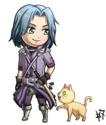  1boy armor bandages belt black_gloves blue_hair blush boots chibi coat commentary commission english_commentary feline fingerless_gloves fire_emblem fire_emblem:_radiant_dawn forehead full_body gloves green_eyes grey_pants katana knee_boots male_focus pants pauldrons purple_coat scabbard sheath sheathed short_sleeves shoulder_armor smile standing sword transparent_background weapon white_belt white_footwear wrist_wrap zaziki7 zihark_(fire_emblem) 