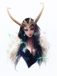  artist_name black_hair breasts cleavage closed_mouth coat commentary earrings english_commentary female fur-trimmed_coat fur_trim genderswap_(mtf) green_eyes jewelry lady_loki lipstick loki_(marvel) makeup marvel medium_breasts medium_hair photoshop_(medium) red_lips ross_tran rule_63 signature solo upper_body white_background 