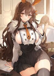  animal_ears azur_lane black_skirt black_thighhighs breasts brown_eyes brown_hair chikuma_(azur_lane) desk dress female flower hair_flower hair_ornament high-waist_skirt highres indoors lamp large_breasts light_blush long_hair looking_at_viewer necktie on_desk on_table orange_flower orange_necktie pen pleated_skirt rabbit_ears sideboob sitting skirt solo table thighhighs thighs very_long_hair white_dress ygcn 