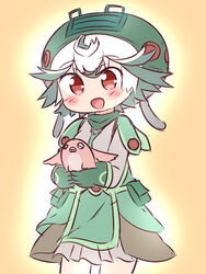  :d ahoge blush commentary_request creature female gloves green_gloves green_headwear green_skirt grey_shirt hana_kazari hat highres holding long_sleeves made_in_abyss meinya_(made_in_abyss) open_mouth prushka red_eyes shirt short_hair skirt smile white_hair 