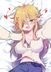  bed belt blonde_hair breasts covered_nipples covering_one_eye denim elf female fujinami_(fjnm000) genderswap_(mtf) green_eyes hair_over_one_eye ishuzoku_reviewers jeans lying navel oerba_yun_fang on_back pants pointy_ears rule_63 skin_fang solo zel_(ishuzoku_reviewers) zellie 