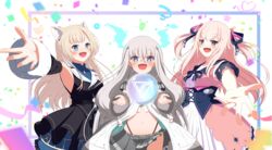  3girls absurdres animal_ears black_jacket blue_eyes blue_skirt blush breasts detached_sleeves dress fox_ears fox_girl fukurou_(hukurou) grey_hair grey_jacket grey_skirt highleg highleg_panties highres hoshifuri_iku ibuki_meno jacket long_hair medium_breasts midriff multiple_girls navel off_shoulder open_hands orb outstretched_arm panties pink_dress pink_hair prism_project purple_eyes skirt sleeveless sleeveless_jacket smile tokimori_aoi two_side_up underwear virtual_youtuber 