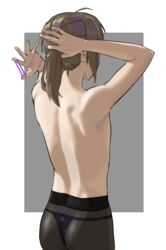  1boy androgynous ass back bad_id bad_pixiv_id bare_back brown_hair crossdressing dier_(girls&#039;_frontline) dima_(girls&#039;_frontline) from_behind genderswap_(ftm) girls&#039;_frontline girly_boy hands_in_hair highres holding holding_own_hair lingerie male_focus nape otoko_no_ko panties panties_under_pantyhose pantyhose ponytail purple_panties rule_63 short_ponytail shortofsugar sidelocks simple_background solo thong topless_male tying_hair underwear underwear_only upper_body 