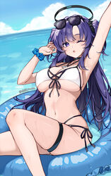  :o alternate_costume arms_up bikini black-framed_eyewear blue_archive blue_scrunchie blue_sky breasts cleavage cloud commentary day eyewear_on_head female halo highres innertube jewelry large_breasts long_hair looking_at_viewer mechanical_halo navel necklace ocean on_innertube one_eye_closed outdoors purple_eyes purple_hair scrunchie shell shell_necklace side-tie_bikini_bottom sky solo stomach stretching sunglasses swim_ring swimsuit thigh_strap two_side_up underboob wet white_bikini wrist_scrunchie yuuka_(blue_archive) yuxian_youka 