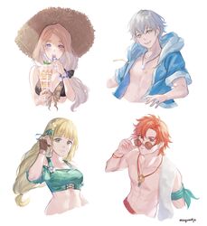  2boys 2girls :d absurdres alternate_costume ashe_ubert ashe_ubert_(summer) bikini bikini_top_only black_bikini blonde_hair blue_eyes blunt_bangs blush breasts brown_bikini brown_eyes brown_gloves brown_headwear cleavage closed_mouth collarbone cropped_torso fingerless_gloves fire_emblem fire_emblem:_three_houses fire_emblem_heroes flower freckles gloves green_bikini green_eyes green_ribbons grey_eyes grey_hair hair_flower hair_ornament hair_over_shoulder hair_ribbon hat highres holding hood hood_down hooded_jacket ingrid_brandl_galatea ingrid_brandl_galatea_(summer) jacket long_hair looking_at_viewer low-tied_long_hair medium_breasts mercedes_von_martritz mercedes_von_martritz_(summer) moja_(rainpoow) multiple_boys multiple_girls off-shoulder_bikini off_shoulder official_alternate_costume open_clothes open_jacket open_mouth orange-tinted_eyewear orange_hair parted_bangs red-framed_eyewear ribbon round_eyewear short_hair short_sleeves simple_background smile straw_hat sun_hat sunglasses swimsuit sylvain_jose_gautier sylvain_jose_gautier_(summer) tinted_eyewear very_long_hair white_background yellow_flower 