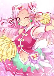  absurdres armpits blouse breasts clover_earrings cone_hair_bun cowboy_shot cure_yell female gradient_background hair_bun hair_ornament heart heart_hair_ornament heart_pouch highres hugtto!_precure looking_at_viewer medium_breasts mitsuki_tayura nono_hana one_eye_closed pink_background pink_shirt pink_skirt pom_pom_(cheerleading) precure puffy_short_sleeves puffy_sleeves see-through shirt short_sleeves skirt solo thick_eyelashes v 