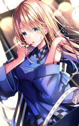  applying_makeup bag blonde_hair blue_dress blue_eyes chiyuki_fujito commentary_request cosmetics dress female hand_up handbag highres indoors lipstick lipstick_tube long_hair makeup runway_de_waratte solo stage_lights tape_measure tsukasa_tsubasa upper_body 