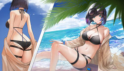  absurdres ass bare_back bare_legs bare_shoulders barefoot beach bikini black_bikini black_choker black_hair blue_eyes blue_hair blue_sky blunt_bangs bob_cut bracelet breasts chinese_commentary choker cleavage cloud commentary criss-cross_halter day eyewear_on_head female foot_out_of_frame genera-x genshin_impact grey_jacket halterneck highres jacket jewelry large_breasts long_sleeves looking_at_viewer mole mole_on_breast multicolored_hair multiple_views navel ocean off_shoulder open_clothes open_jacket outdoors revision short_hair sitting sky smile standing stomach sunglasses swimsuit thigh_strap thighs water yelan_(genshin_impact) 