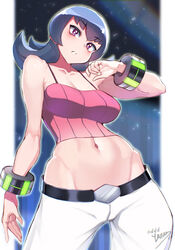  bare_arms bare_shoulders blue_hair breasts cleavage collarbone crop_top dark_blue_hair female flipped_hair highres large_breasts long_hair medium_hair midriff navel pants pink_shirt pokemon pokemon_hgss red_eyes ribbed_shirt sabrina_(pokemon) shirt short_hair sleeveless sleeveless_shirt solo spaghetti_strap white_pants yasu_suupatenin 