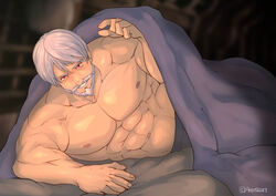  1boy abs anderson_(granblue_fantasy) anntee bara beard bed bed_invitation black_male_underwear come_hither facial_hair granblue_fantasy grey_hair highres large_pectorals looking_at_viewer lying male_focus male_underwear mature_male moustache muscular muscular_male navel nipples old old_man on_bed on_side pectorals red_eyes short_hair smile solo teeth topless_male underwear underwear_only 