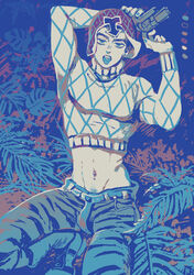  1boy absurdres animal_print argyle_clothes argyle_sweater crop_top guido_mista gun hat highres jojo_no_kimyou_na_bouken kneeling limited_palette male_focus midriff mogy88428 solo sweater tiger_print tongue tongue_out vento_aureo weapon 