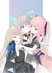  3girls absurdres animal_ears black_bow black_bowtie black_cape black_dress blonde_hair blue_bow bow bowtie breasts cape celia_1315 dragon_girl dragon_horns dress fox_ears fox_girl grey_hair grey_skirt highres holographic_horns horns hoshifuri_iku hug ibuki_meno medium_breasts midriff multiple_girls one_eye_closed parted_lips pink_dress prism_project purple_eyes skirt smile tokimori_aoi two_side_up virtual_youtuber white_background 