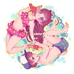  1boy :o barefoot baseball_cap bikini bikini_skirt blush bow brother_and_sister brown_eyes brown_hair dipper_pines feet female finger_on_trigger full_body gravity_falls halterneck hand_up hat highres holding holding_water_gun legs_together long_hair mabel_pines male_swimwear navel outstretched_arm plantar_flexion polka_dot polka_dot_bikini red_bikini red_bow short_hair siblings swim_trunks swimsuit tamaki_(tamaki599) toes twins water water_gun white_background 