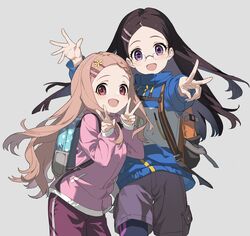  2girls aoba_kokona backpack bag blue_jacket brown_hair commentary cowboy_shot double_v glasses hair_ornament hairclip highres jacket kitto_ha long_hair looking_at_viewer multiple_girls open_mouth orange_hair pants pink_jacket purple_eyes purple_pants purple_shorts red_eyes saitou_kaede_(yama_no_susume) shorts sidelocks spandex v waving white_background yama_no_susume 