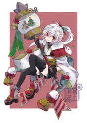  bad_id bad_pixiv_id bloomminority christmas christmas_tree fantasy female full_body highres original pale_skin ponytail red_eyes reindeer short_shorts shorts snow snow_globe solo steampunk thighhighs white_hair 