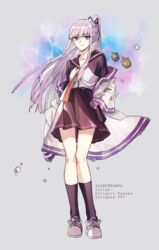  bad_id bad_twitter_id black_gloves black_ribbon braid character_name closed_mouth commentary_request danganronpa:_trigger_happy_havoc danganronpa_(series) female full_body gloves gradient_background hair_ornament hair_ribbon highres jacket kirigiri_kyoko kneehighs korean_commentary long_hair looking_at_viewer necktie off_shoulder open_clothes open_jacket pleated_skirt ponytail purple_eyes purple_hair purple_skirt purple_socks ribbon shirt shoes skirt smile socks solo turtle white_jacket yeonie 