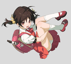  :d ahoge ascot backpack bag brown_hair collared_shirt curled_up dress female flute hair_bobbles hair_ornament highres instrument kaai_yuki kitto_ha looking_at_viewer open_mouth panties pantyshot plaid_ascot puffy_short_sleeves puffy_sleeves randoseru recorder red_ascot red_dress red_footwear shirt short_sleeves smile socks solo twintails underwear vocaloid white_background white_panties white_shirt white_socks yellow_eyes 