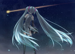  aqua_hair bare_shoulders detached_sleeves female from_behind hatsune_miku hayabusa_(spacecraft) long_hair night night_sky rokuwata_tomoe skirt sky solo spacecraft standing star_(sky) starry_sky thighhighs twintails very_long_hair vocaloid 