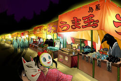  1boy bakeneko bird bird_boy black_hair commentary_request crow female festival food_stand frog japanese_clothes kimono mask night original renton_(guero) spirits tengu traditional_youkai yamabushi_tengu yatai 