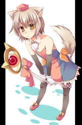  aaru_(tenrake_chaya) animal_ears commentary_request cosplay female gloves grey_hair hat highres inubashiri_momiji renkin_san-kyuu_magical_pokaan short_hair solo staff tail thighhighs tokin_hat touhou wolf_ears wolf_tail yuuma_(renkin_san-kyuu_magical_pokaan) yuuma_(renkin_san-kyuu_magical_pokaan)_(cosplay) 