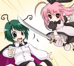  2girls ahoge bow bowtie commentary_request crossover gloves green_eyes green_hair hoihoi-san ichigeki_sacchuu!!_hoihoi-san kotomi_(happy_colors) multiple_girls pink_eyes pink_hair sword touhou weapon wriggle_nightbug 