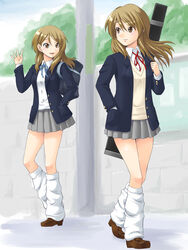  2girls blazer brown_eyes brown_hair commentary_request death_devil della_(k-on!) extra guitar_case gyaru highres instrument_case jacket k-on! kneehighs kogal legs long_hair loose_socks multiple_girls sakuragaoka_high_school_uniform school_uniform skirt socks sweater_vest tachibana_himeko time_paradox waving yaso_shigeru 