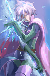  cape commentary_request elbow_gloves female gloves ice iwaya katrina_(romancing_saga) photoshop_(medium) purple_eyes romancing_saga_3 saga short_hair silver_hair solo sword weapon 