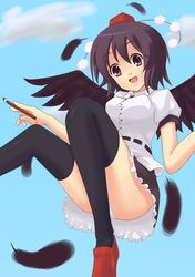  cloud commentary_request day feathers female looking_at_viewer open_mouth panties photoshop_(medium) ponishi. shameimaru_aya short_hair sky smile solo thighhighs touhou underwear wings 