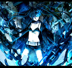  aqua_hair bad_id bad_pixiv_id bikini bikini_top_only black_hair black_rock_shooter black_rock_shooter_(character) black_shorts blue_eyes chains coat female flaming_eye izru long_hair midriff navel no_shirt pale_skin photoshop_(medium) shorts solo swimsuit sword trench_coat twintails uneven_twintails very_long_hair weapon 