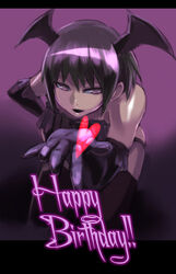  bare_shoulders commentary_request elbow_gloves female gloves happy_birthday head_wings heart iwaya kneeling open_mouth original photoshop_(medium) purple_eyes purple_hair solo wings 