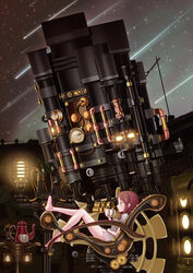  barefoot brown_eyes brown_hair commentary_request cup female glasses highres mug night pixiv_festa sitting star_(symbol) tama_(speedgrapher) telescope 