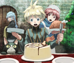  1boy 2girls :&lt; blonde_hair blue_eyes blue_hair braid cake chicken_(food) christmas_tree commentary_request feline food fork hat iwaya knife multiple_girls open_mouth original photoshop_(medium) plate red_eyes red_hair single_braid slit_pupils 