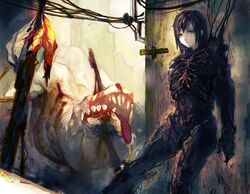  abara armor black_hair blood character_request commentary_request feet_out_of_frame female frown gauna leaning looking_at_viewer monster oguchi partial_commentary ribs short_hair solo standing teeth tongue tongue_out 