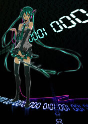  binary detached_sleeves female gor2 green_eyes green_hair hatsune_miku headset highres legs long_hair necktie skirt solo spring_onion thighhighs twintails very_long_hair vocaloid 