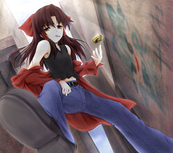  alley alternate_costume bow brown_eyes brown_hair casual cigarette cofi_(eternal) commentary_request contemporary denim female from_below hairbow hakurei_reimu jacket jeans lighter long_hair midriff_peek navel pants red_bow solo touhou yin_yang 