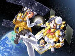  3girls akatsuki_(spacecraft) bad_id bad_pixiv_id blouse blue_eyes blue_hair boots bracelet bruise commentary_request dress elbow_gloves gloves hat hayabusa_(spacecraft) ikaros_(spacecraft) injury jewelry long_hair mecha_musume multiple_girls muranako original personification red_eyes school_uniform serafuku shirt short_hair shorts skirt sleeveless spacecraft tears thigh_boots thighhighs 