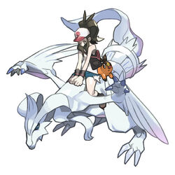  bag baseball_cap black_hair boots covered_mouth female flying frown full_body hat hilda_(pokemon) jacket long_hair looking_at_another on_animal poke_ball_print pokemon pokemon_(creature) pokemon_bw ponytail reshiram riding riding_pokemon sarmat short_shorts shorts shoulder_bag sidelocks simple_background sitting size_difference sleeveless sweatband tepig white_background wristband 