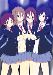  4girls \m/ aged_down bag black_hair blazer brown_hair death_devil della_(k-on!) extra glasses jacket jane_(k-on!) k-on! kawaguchi_norimi mizuki_makoto multiple_girls photoshop_(medium) sakuragaoka_high_school_uniform school_uniform skirt teenage yamanaka_sawako 