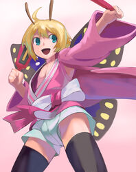  1boy ahoge antennae arthropod_girl blonde_hair blue_eyes butterfly_girl butterfly_wings commentary_request insect_wings iwaya male_focus monster_boy open_mouth otoko_no_ko photoshop_(medium) shimon_(shimotsuma) shimotsuma short_hair smile solo thighhighs wings 