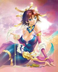  bare_shoulders belt blue_eyes bracelet breasts bridal_gauntlets cleavage commentary_request elbow_gloves female fingernails fuurai_no_shiren gloves hair_ornament jewelry maeda_hiroyuki medium_breasts multicolored_hair narrow_waist oryuu photoshop_(medium) ring sand skin_tight solo thigh_gap 