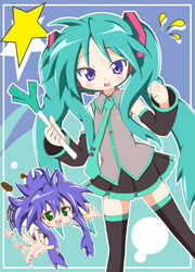  2girls bare_shoulders black_thighhighs blue_eyes commentary_request cosplay detached_sleeves green_eyes green_hair hatsune_miku hatsune_miku_(cosplay) hiiragi_kagami izumi_konata long_hair lucky_star matsubara_ryuu multiple_girls necktie photoshop_(medium) pleated_skirt school_uniform serafuku skirt spring_onion star_(symbol) thighhighs translated tsurime twintails very_long_hair vocaloid zettai_ryouiki 