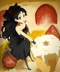  akiyama_mio alternate_costume alternate_hairstyle antennae bad_id bad_pixiv_id black_dress black_eyes black_hair cake dress eating female food fruit k-on! listen!! long_hair p_(zzaazz) pantyhose photoshop_(medium) solo strawberry wings yara_kami_meiosei 