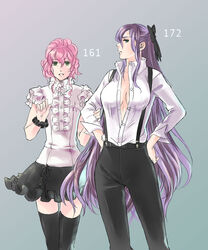  2girls alternate_costume black_thighhighs commentary_request faris_scherwiz final_fantasy final_fantasy_5 formal frills hair_ribbon hair_up hands_on_own_hips highres holding_another&#039;s_arm lenna_charlotte_tycoon long_hair multiple_girls open_clothes open_shirt pink_hair purple_hair ribbon shirt short_hair simple_background skirt suspenders thighhighs toutoumi white_shirt zettai_ryouiki 