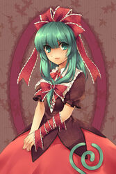  bow commentary dress female frills front_ponytail green_eyes green_hair hair_ribbon hairbow highres kagiyama_hina long_hair meimone photoshop_(medium) ribbon solo touhou 